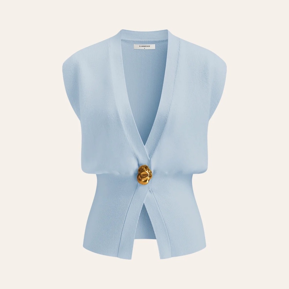 Viscose Blend V-Neck Gold Buttoned Sweater Vest Light Blue